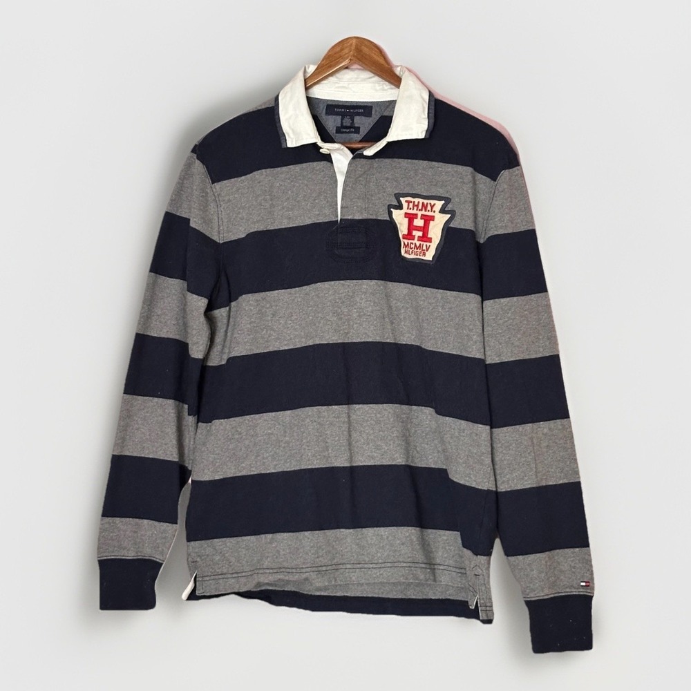 Tommy Hilfiger Rugby Polo Shirt Large L/S Preppy Blue Striped Large Crest Ivy - Picture 2 of 6